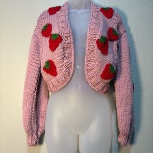 Pink Strawberry Hand Knit Cardigan Sweater NWT